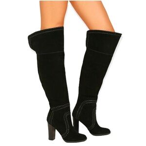 REPORT Liola Black Suede Leather Over the Knee Boots 9 NWT